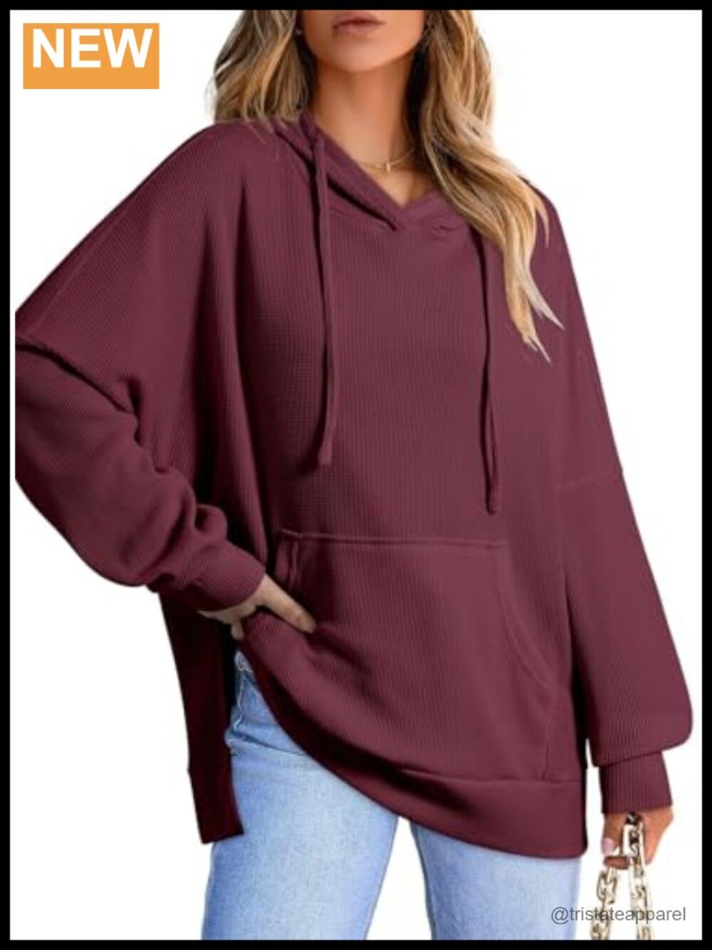 Oversized Waffle Knit Hoodie with Pocket Drawstring Side Slit Tunic Sweatshirt